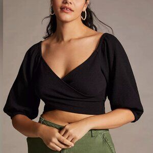 Maeve Cross-Front Puff-Sleeve Top XS Anthropologie Black Cropped Worn Once
